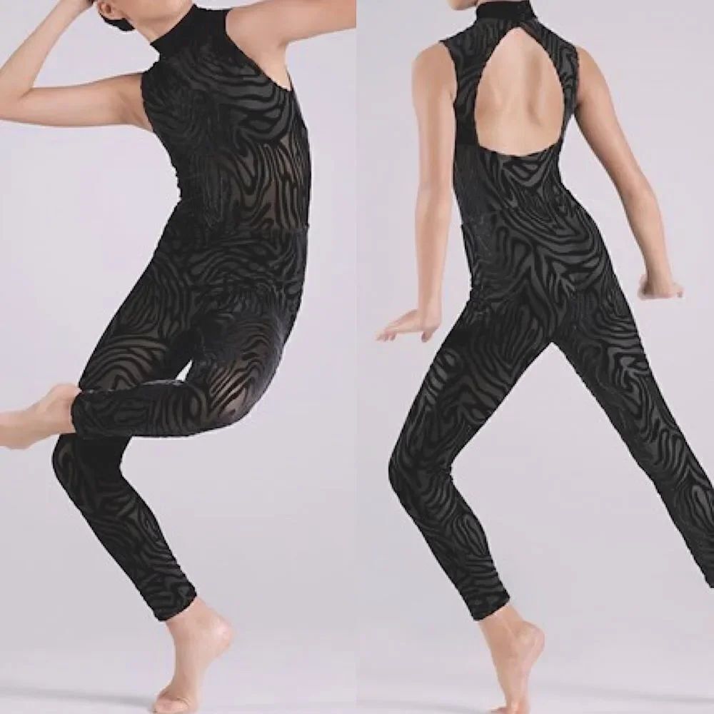 WEISSMAN Elite Dance Costume black Burnout Animal Mesh Unitard NV11636 IC 7/8